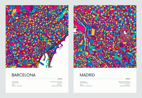 Color detailed road map, urban street plan city Barcelona and Madrid with colorful neighborhoods and districts, Travel vector poster