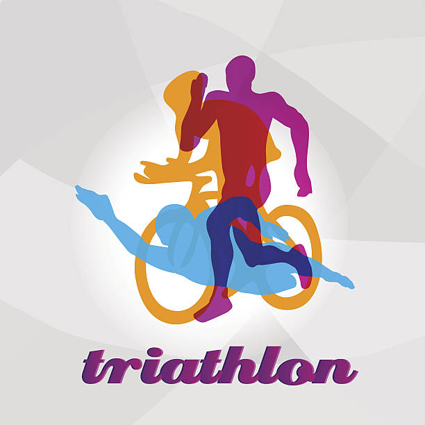 Color flat logo triathlon. Vector figures triathletes Color flat logo triathlon. Vector figures triathletes on a white background. Swimming, cycling and running symbol. Eps10 triathlon stock illustrations
