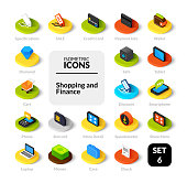 Color icons set in flat isometric illustration style, vector symbols - Shopping and finance collection
