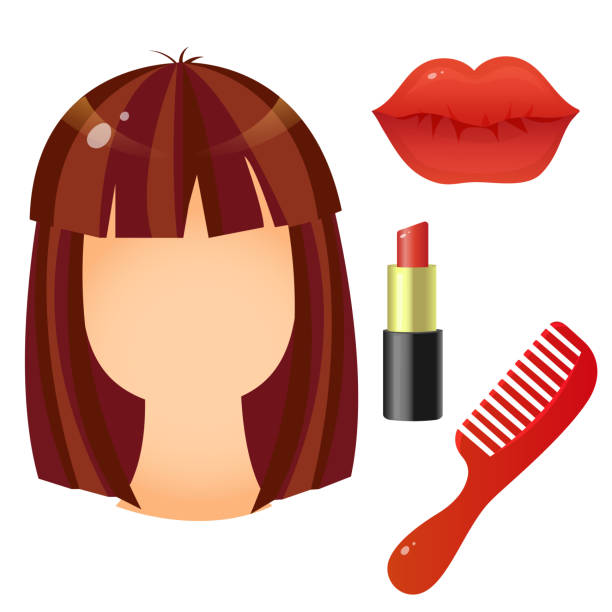 Color images of red lipstick and lips, comb and hair on white background. Female set. Beauty and cosmetics. Vector illustration. Color images of red lipstick and lips, comb and hair on white background. Female set. Beauty and cosmetics. Vector illustration. bangs hair stock illustrations