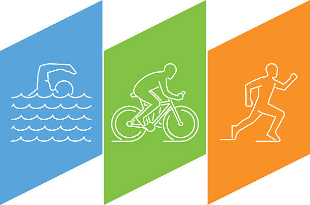 Color line logo triathlon and figures triathletes. Color line logo triathlon. Vector linear figures triathletes. Figure triathlon athletes. Triathlon, swimming, cycling and running. triathlon stock illustrations