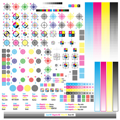 CMYK color management elements. Publishing graphic symbol utilities. Press mark. Calibration, cutting marks. EPS 10
