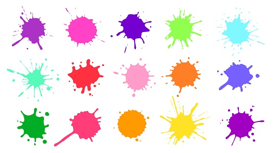 Color paint splatter. Colorful ink stains, abstract paints splashes and wet splats. Watercolor or slime stain vector set