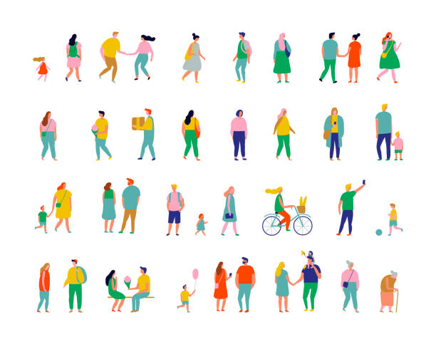 Color people Crowd. Different People vector set. Male and female flat characters isolated on white background. walking illustrations stock illustrations
