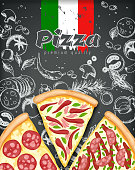 Color pizza poster. Savoury pizza ads with 3d illustration rich toppings dough on engraved style chalk doodle background. Vector banner for cafe, restaurant or food delivery service. Top view.