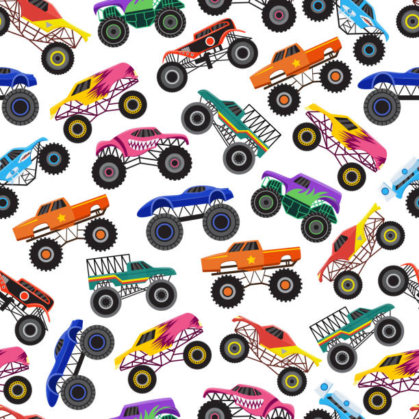 Color seamless pattern with monster trucks, flat cartoon vector illustration. Color seamless pattern with monster trucks, flat cartoon vector illustration on white background. Racing show monster truck or bigfoot car in repeatable endless backdrop. truck patterns stock illustrations