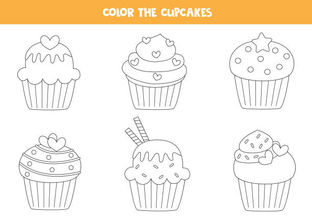 Color set of cute cupcakes. Coloring page for kids. Color set of cute cupcakes. Coloring page for kids. cupcakes coloring pages stock illustrations