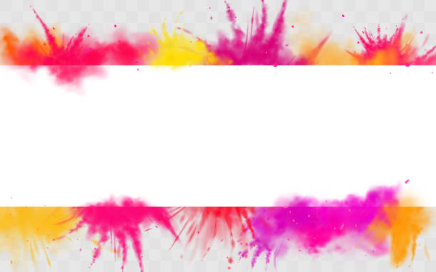 Color splash Holi powder paints round dye border Color splash Holi powder paints empty banner mock up, vector horizontal border isolated on transparent background colorful cloud or explosion for traditional indian festival. Realistic 3d illustration colored powder stock illustrations