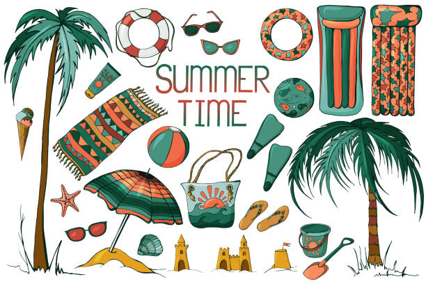 ilustrações de stock, clip art, desenhos animados e ícones de color summer sea beach set with hand-drawn elements - beach towel