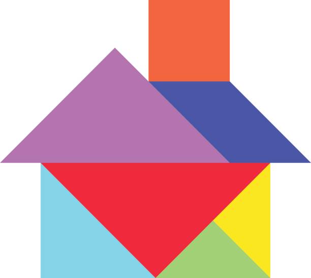 ilustraciones, imágenes clip art, dibujos animados e iconos de stock de rompecabezas de tangram de color en forma casera sobre fondo blanco (vector) - tangram casa