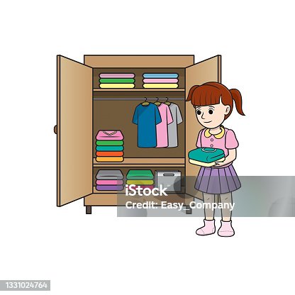 istock Color vector illustration of kids activity coloring book page with pictures of woman doing keeping cloth. 1331024764