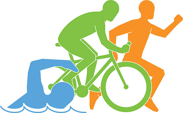 Color vector linear and flat logo triathlon. Color vector linear and flat logo triathlon. Triathletes figures on a white background. Swimming, cycling and running symbol. triathlon stock illustrations
