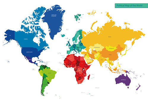 Color vector political map of the world with country names for your design
