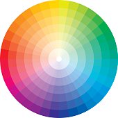 A color wheel / circle with 36 hues (rainbow colors) on a white background. The hues graduate in 7 steps to its white center.