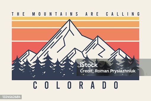 istock Colorado t-shirt design with mountains and fir trees or forest. Typography graphics for tee shirt with mountain in line style, color stripes, trees and slogan. Apparel print. Vector 1324562684