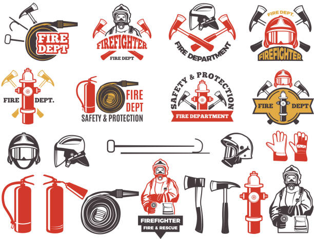ilustraciones, imágenes clip art, dibujos animados e iconos de stock de colores distintivos para el departamento de bomberos. conjunto de símbolos de protección de emergencia aislado en blanco - firefighters