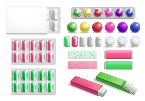 Colored bubble gum. Realistic 3D chewing bubblegum pills and plates for fresh breath advertising. Blisters and packages with dental care chewy pillows. Vector sweet or mint candies set