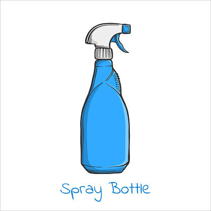 Colored Detergent spray in cartoon style, vector image. Outline drawing.