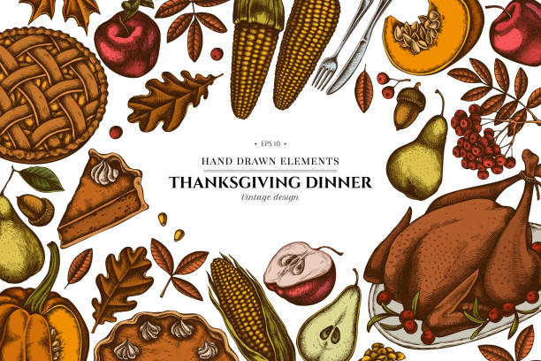 Colored elements design with pumpkin, fork, knife, pears, turkey, pumpkin pie, apple pie, corn, apples, rowan, maple, oak Colored elements design with pumpkin, fork, knife, pears, turkey, pumpkin pie, apple pie, corn, apples rowan maple oak stock illustration thanksgiving diner stock illustrations