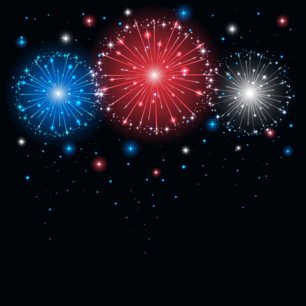 Colored firework Shiny tricolor firework on the dark sky, illustration. fourth of july fireworks stock illustrations