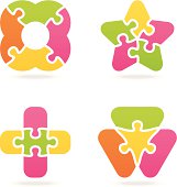 Set of 4 variable multi colored jigsaw puzzles, with shadows on individual layer. Large JPEG, (2700x2800), layered AI EPS 8. Archive: large 300 dpi layered PSD, screensize JPEG, 2 large PNG (icons and shadows), AI 7. Only linear gradients.