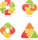 Set of 4 variable multi colored jigsaw puzzles, with shadows on individual layer. Large JPEG, (2700x2800), layered AI EPS 8. Archive: large 300 dpi layered PSD, screensize JPEG, 2 large PNG (icons and shadows), AI 7. Only linear gradients.