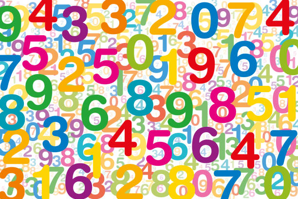 Colored numbers on white background Colored numbers on white background. Randomly distributed overlapping numerals. Symbol for numerology or a flood of data. One to zero disorganized and of different sizes. Isolated illustration. Vector numerology stock illustrations