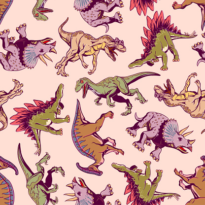 Colored Pattern with cartoon dinosaurs for printing on textiles, T-shirts, wrapping paper. Vector illustration.