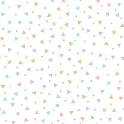 Colored seamless pattern with repeating triangles and round spots. Drawn by hand.