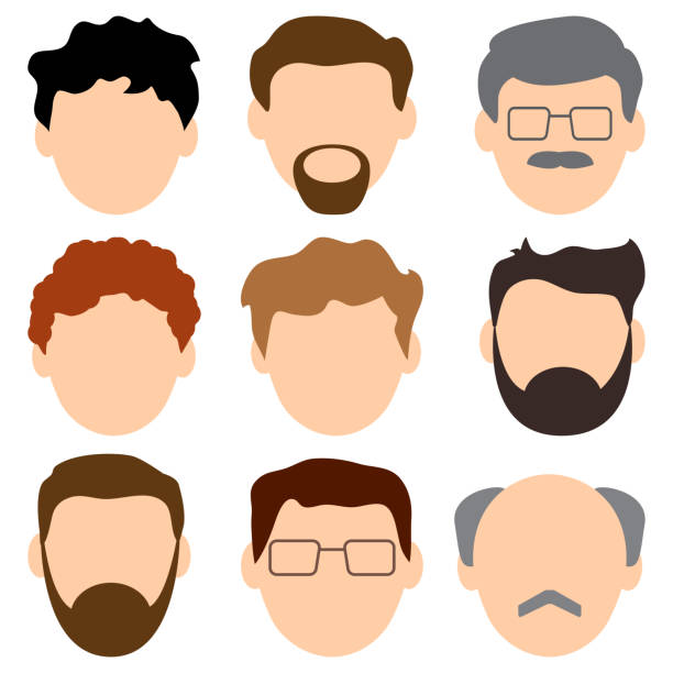 stockillustraties, clipart, cartoons en iconen met gekleurde set avatars, gezichten van mannen. jong en oud. mannelijke tekens. vectorillustratie - haaruitval