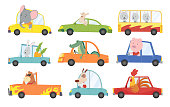 Colored set of kids transport with cute little animals driving car. Collection cartoon animal driver, pets vehicle and happy in funny cars. Transportation animals character travel in cars.
