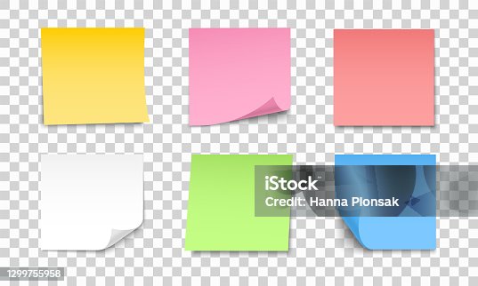 istock Colored sheets of note papers set. Collection of sticky notes with curl and shadow. Realistic paper stickers for your message. Design element for advertising and promotional. 1299755958