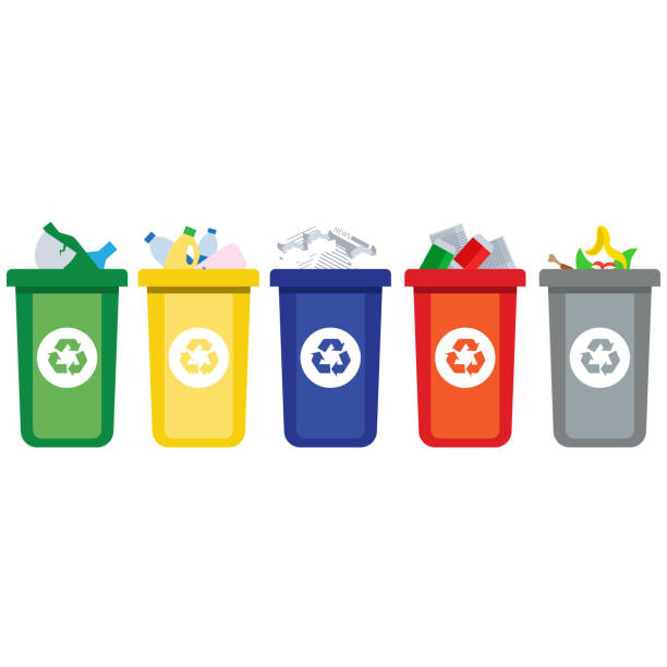stockillustraties, clipart, cartoons en iconen met gekleurde vuilnisbakken blauw rood groen geel met metaal, papier, plastic, glas en organisch afval geschikt voor hergebruik verminder recycling. afvalsortering vuilnis - waste disposal