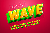 Colorful 3d display font design, alphabet, letters and numbers.13 degree skew