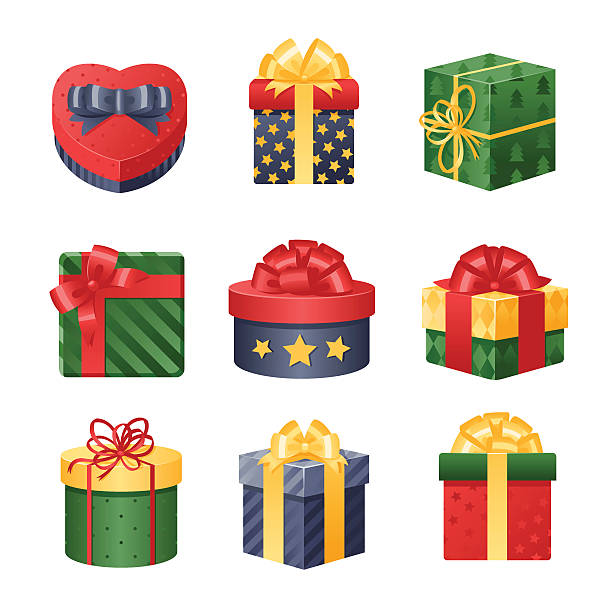 kolorowe 3d pudełkami z bows i wstążki wektor zestaw - happy new year stock illustrations