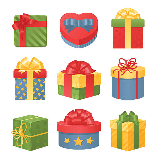 красочный 3d подарочные коробки с бантами и лентами вектор набор - happy new year stock illustrations