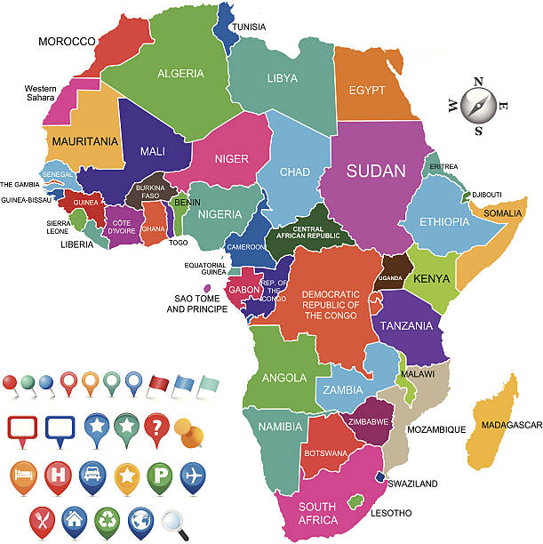 illustrazioni stock, clip art, cartoni animati e icone di tendenza di mappa di africa colorato con varie icone di gps - camerun