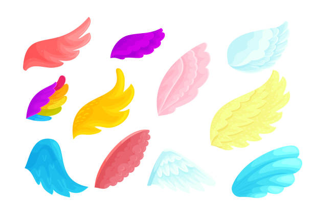 Colorful angels and fairies wings cartoon vector illustrations set Colorful angels and fairies wings cartoon vector illustrations set. Rainbow color, red and pink magic birds body parts for flying. Blue and yellow feather wings isolated on white background animal limb stock illustrations
