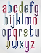 Colorful animated font, comic slim lower case letters with white outline.
