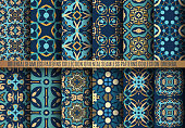 Vector arabesque patterns. Blue seamless flourish backgrounds. Colorful abstract flower floral design. Intricate ornate lines. Arabic decorative ornament. Square tile oriental capsule collection