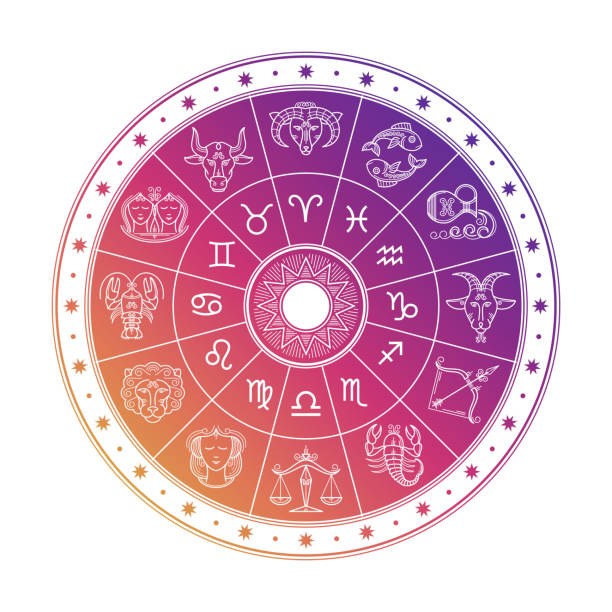 illustrazioni stock, clip art, cartoni animati e icone di tendenza di design colorato del cerchio astrologico con segni dell'oroscopo isolati su sfondo bianco - segni zodiacali