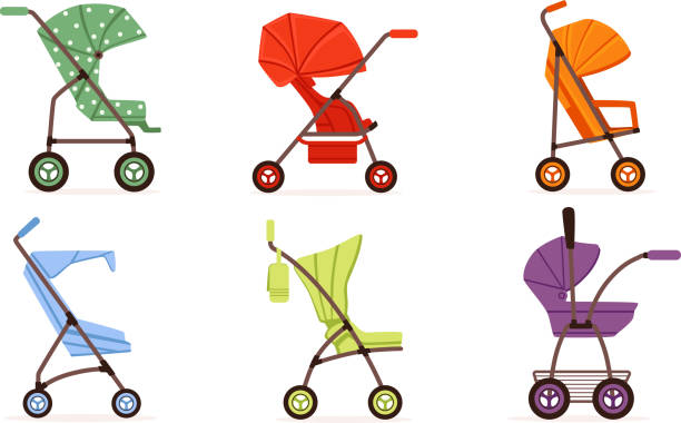 Colorful Baby Strollers Collection, Different Types of Transport for Kids Vector Illustration on White Background Colorful Baby Strollers Collection, Different Types of Transport for Kids Vector Illustration Isolated on White Background. baby carriage stock illustrations