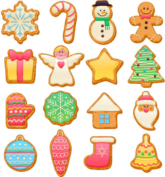 Colorful beautiful Christmas cookies icons set Colorful beautiful Christmas cookies icons set. Sweet decorated new year backings - gingerbread man star santa snowflake shristams tree ball sock ant other holiday symbols. cookie stock illustrations
