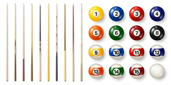 Colorful billiard balls with numbers and various pool cues. Glossy snooker ball. Sports equipment. Vector illustration.