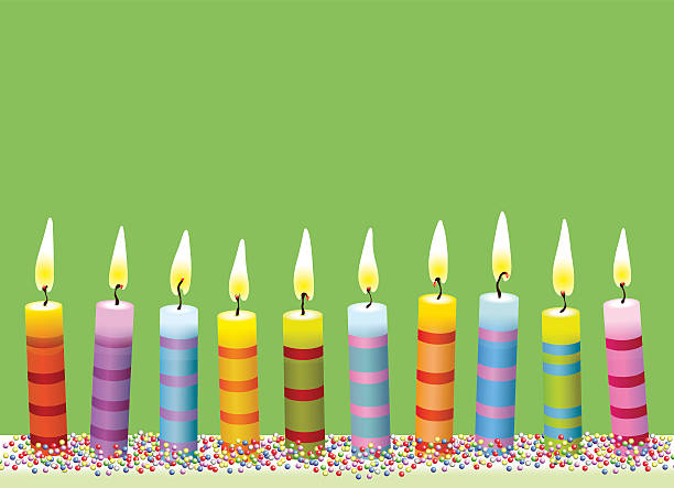 Colorful burning candle on green background Congratulations Card birthday candle stock illustrations