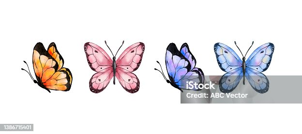 istock Colorful butterflies watercolor isolated on white background. Blue, orange, purple and pink butterfly. Spring animal vector illustration 1386715401