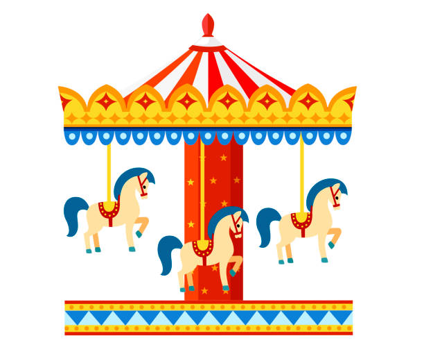 Colorful carousel with horses. Amusement park concept. Vector illustration isolated on white background. Website page and mobile app design Colorful carousel with horses. Amusement park concept. Vector illustration isolated on white background. Website page and mobile app design. pony stock illustrations