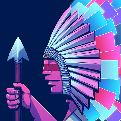 Colorful cartoon illustration - Indian with multi-colored feathers and a spear.