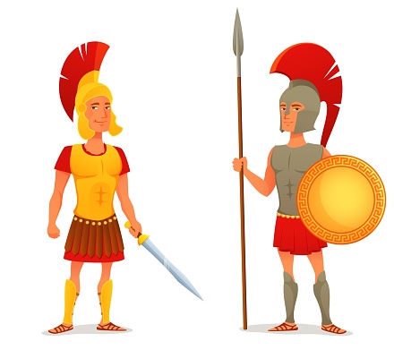 colorful cartoon illustration of ancient Roman and Greek soldier