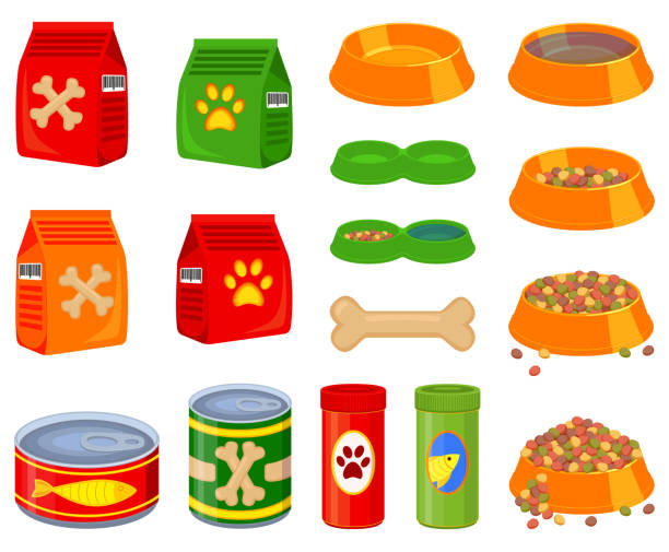 ilustraciones, imágenes clip art, dibujos animados e iconos de stock de 16 colores de dibujos animados conjunto de elementos de alimentos para mascotas - candy canes